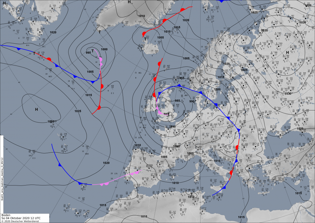 Isobarenkarte Europa - Bodenanalysekarte mit Fronten