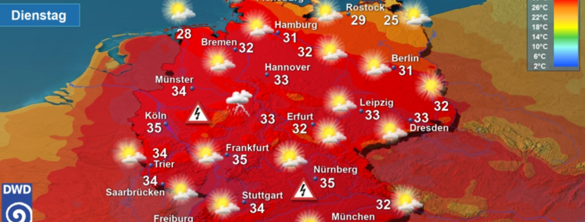 DWD Hundsmaessig heiss mit Wasserbomben Gewittern